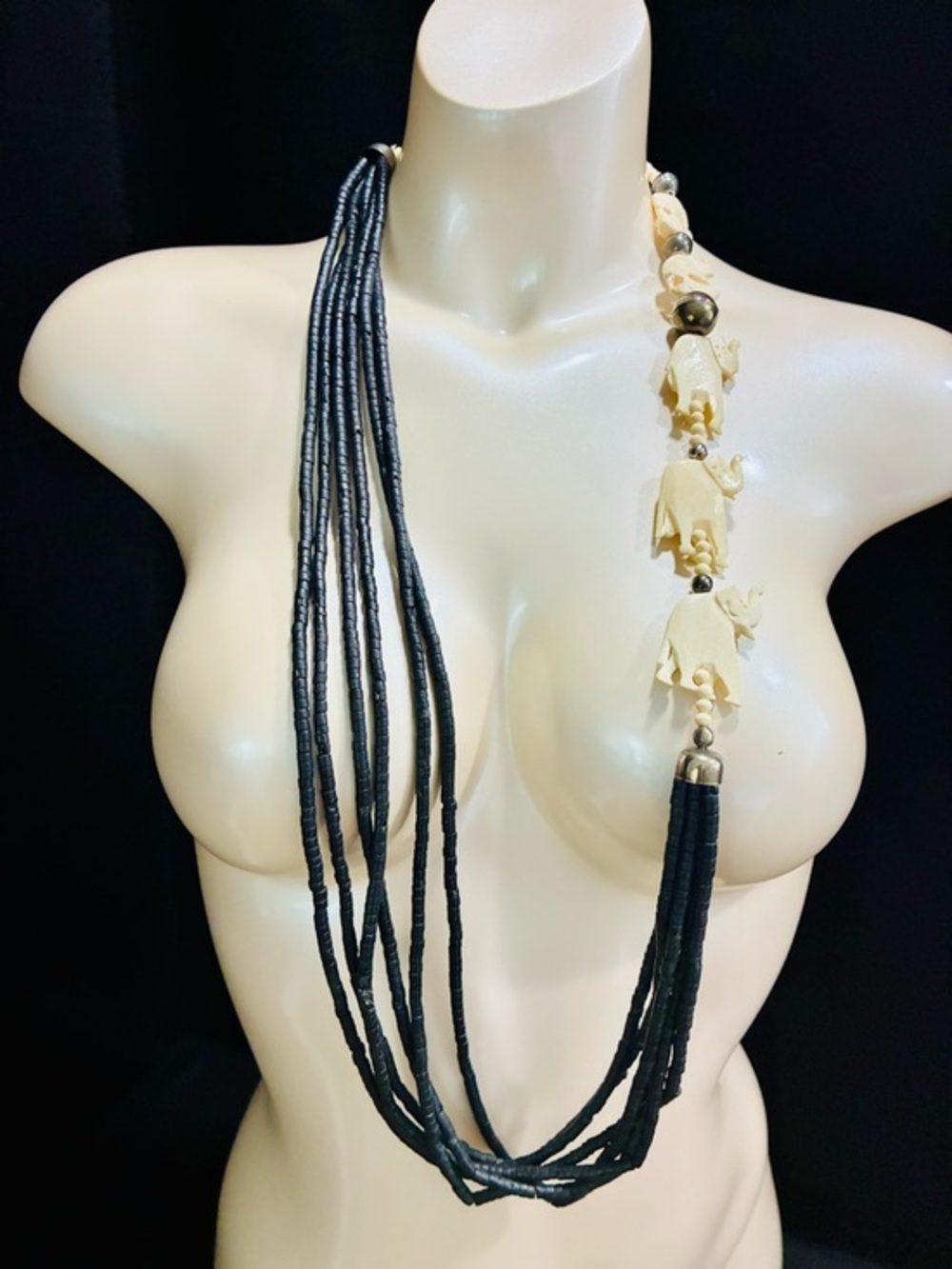 Statement Black Multi-Strand Necklace with Cream Elephant Accents